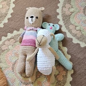Crochet Animal Plush Trio - Beige, White, Mint